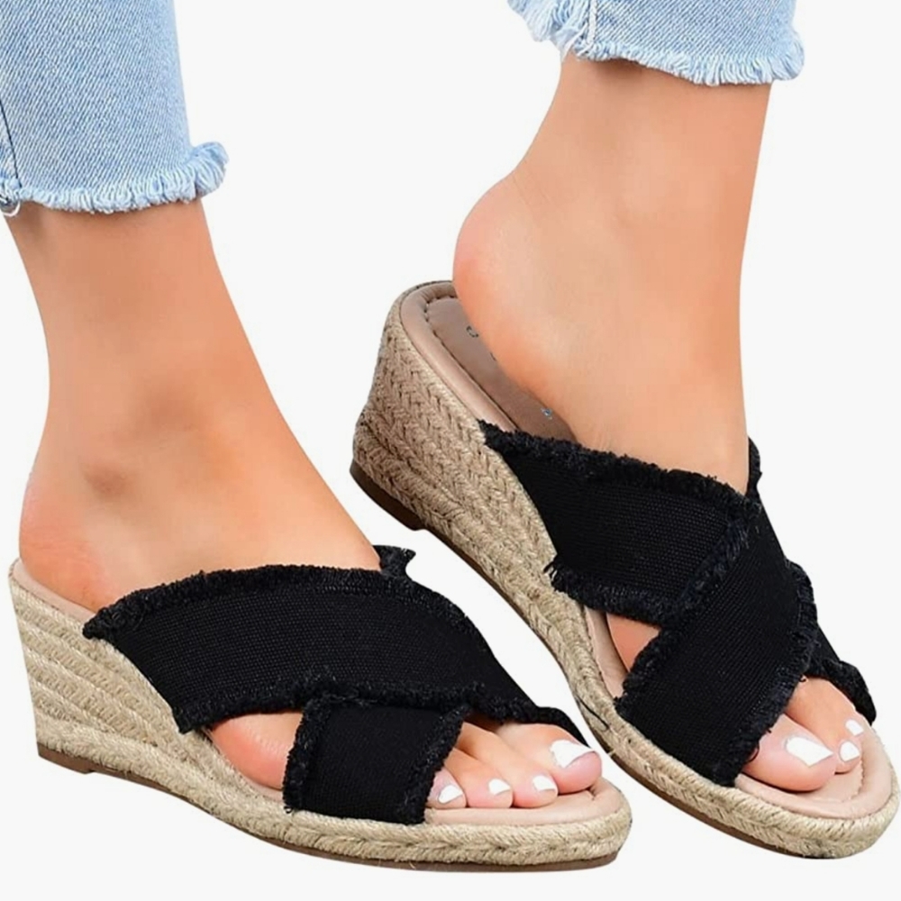 Journee Black Canvas w/ Raffia Wedge & Fringe - Resortwear Coastal Shanni 8